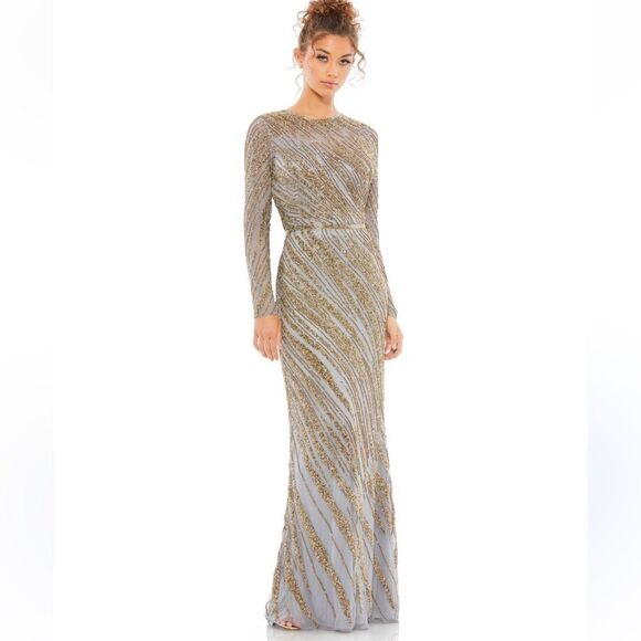Mac Duggal Striped Beaded Maxi Dress NWT 5240 Platinum - Picture 1 of 9